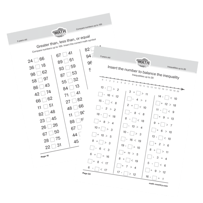 Math Country kindergarten worksheets: solving basic addition and subtraction equations