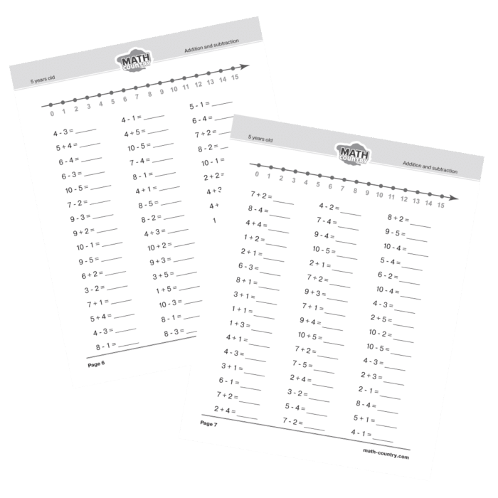 Math Country Addition and Subtraction Worksheets for PreK-K (Ages 5+) Practice basic addition and subtraction using a number line
