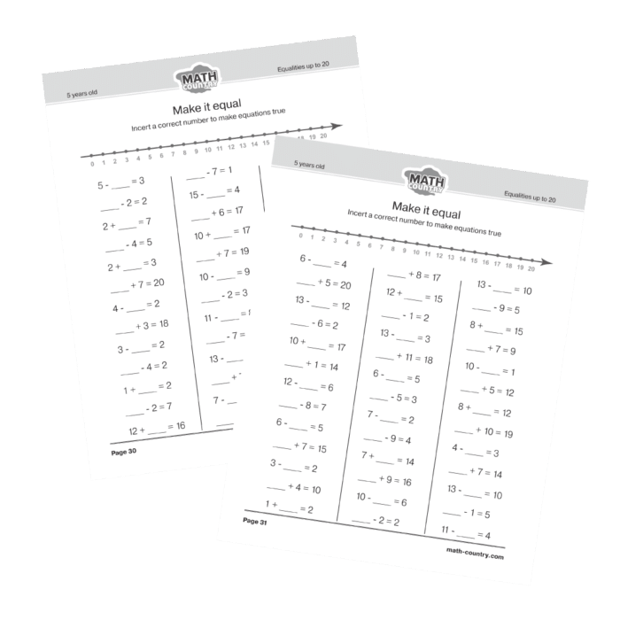 Math Country Worksheets: Solve simple addition and subtraction equations. Math problems for kindergartens