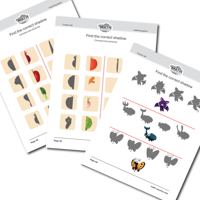 Find the correct shadow logic development worksheets for kindergarten