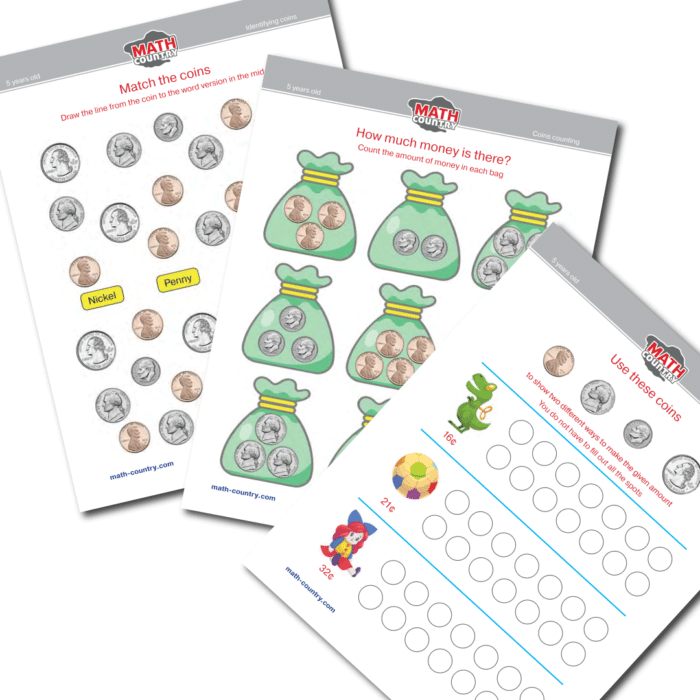 Money Worksheets for Kindergartens make purchase coins' names values
