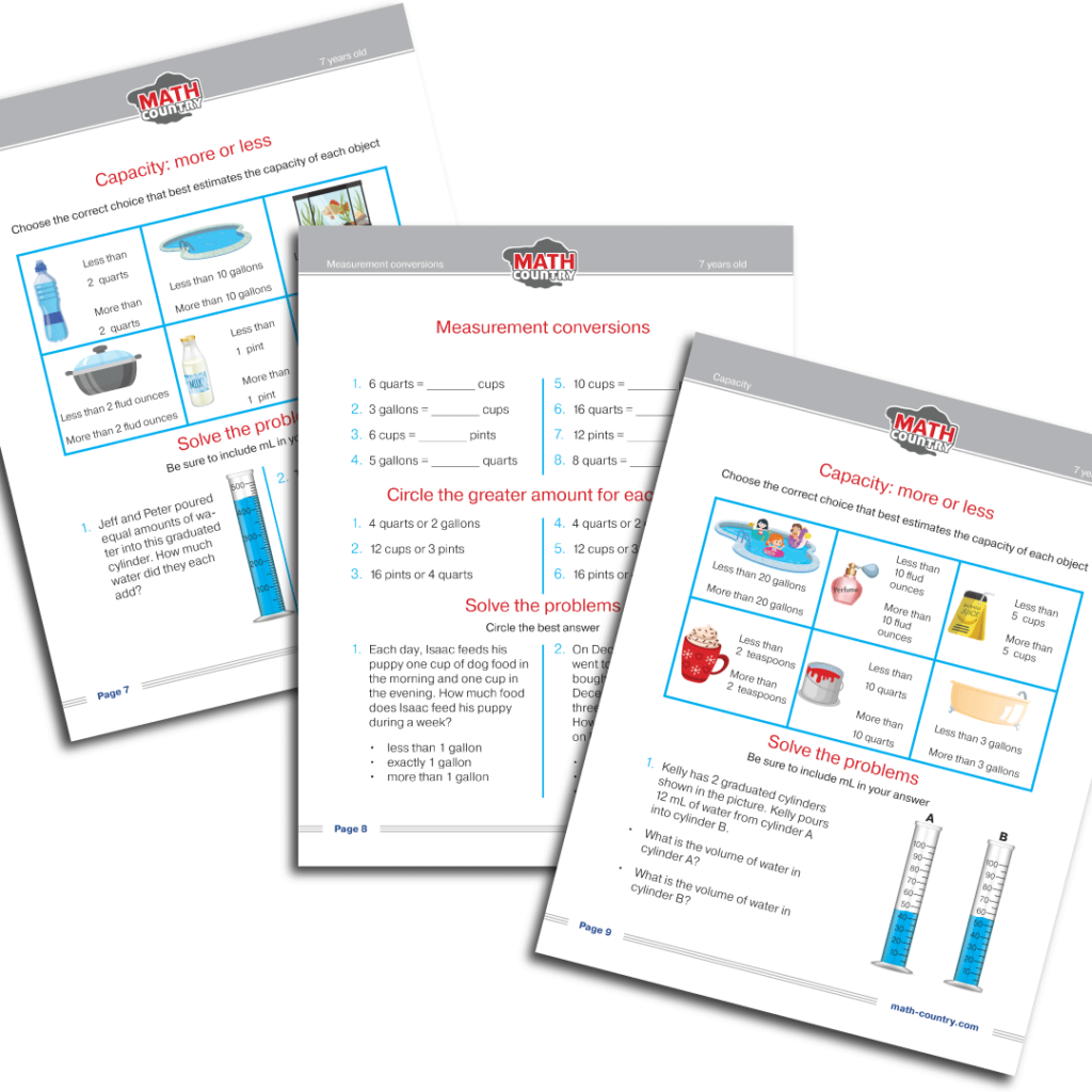 Capacity Measurements. Math Worksheets grades 2-3 (age 7+) | Math Country