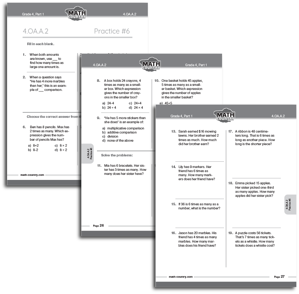 Three overlapping Grade 4 workbook pages showing multiplicative comparisons, multiple-choice questions, and multiplication and division word problems.
