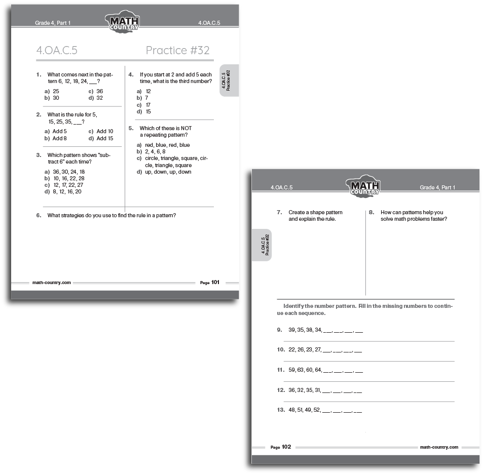Two overlapping Grade 4 workbook pages with number sequences, repeating patterns, and questions about identifying and explaining pattern rules.
