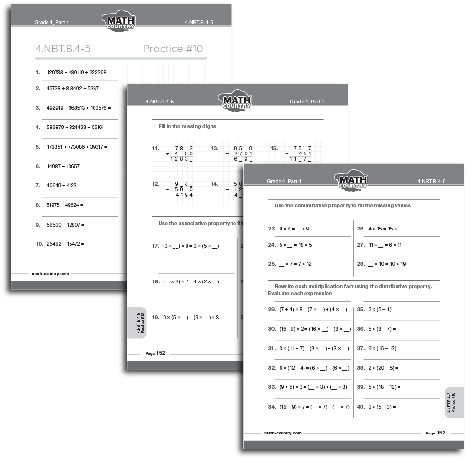 Three overlapping Grade 4 workbook pages showing multi-digit addition and subtraction, missing-digit problems, and properties of multiplication.