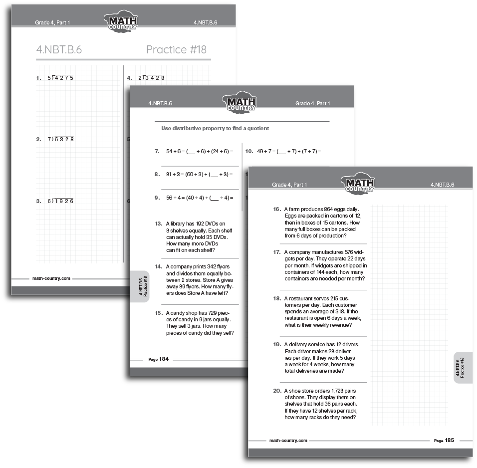 Three overlapping Grade 4 workbook pages showing long division on grid paper, division using the distributive property, and multistep word problems.