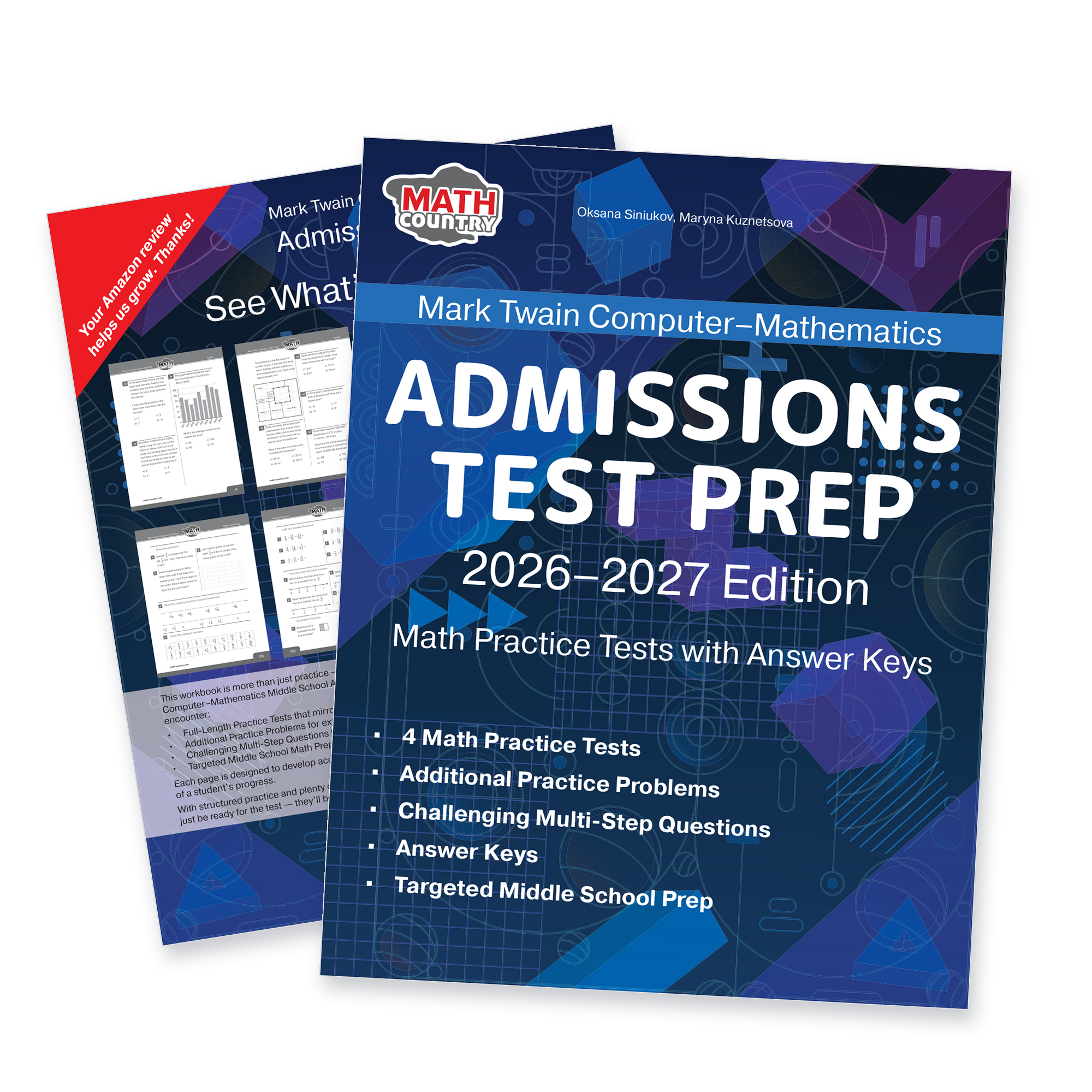 Front and back covers of Mark Twain Computer–Mathematics Admissions Test Prep, 2026–2027 edition, with four math practice tests
