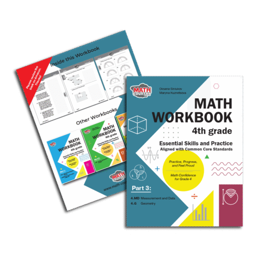 Grade 4 Math Workbook cover with sample pages and other Math Country workbooks, focusing on Measurement, Data, and Geometry skills