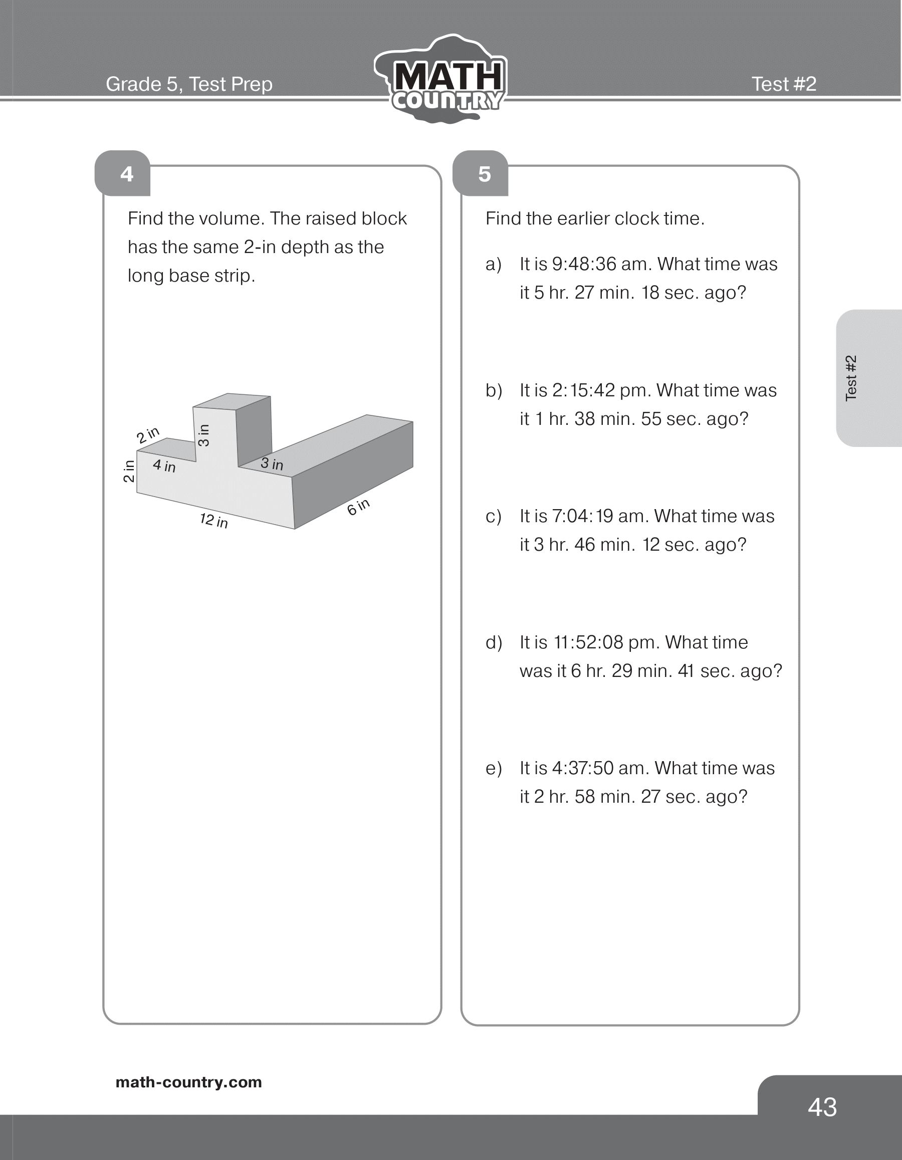 Grade 5 workbook page with a composite volume problem and elapsed-time practice. Source page 43