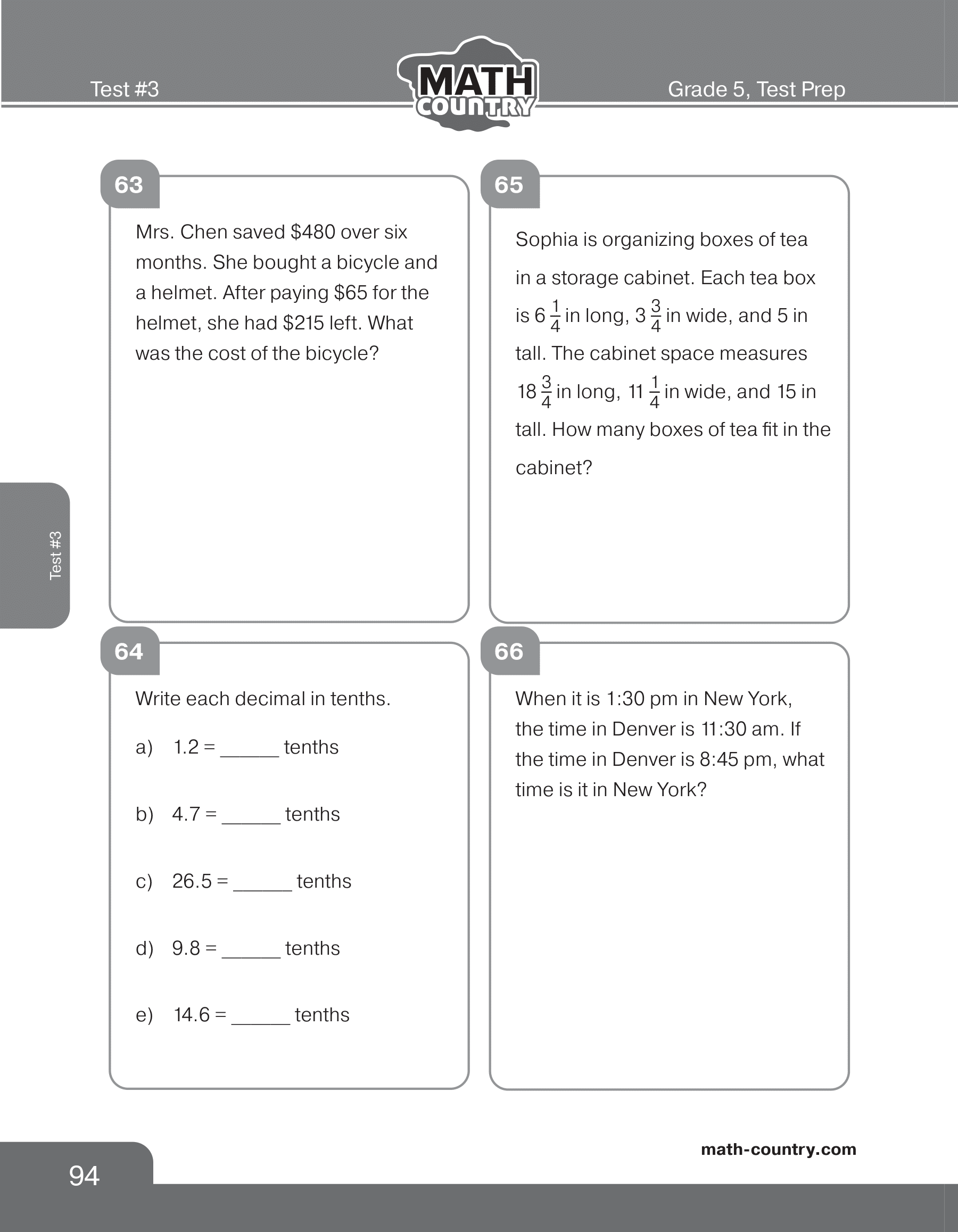 Grade 5 multi-step word problems with space to show work. Source page 94