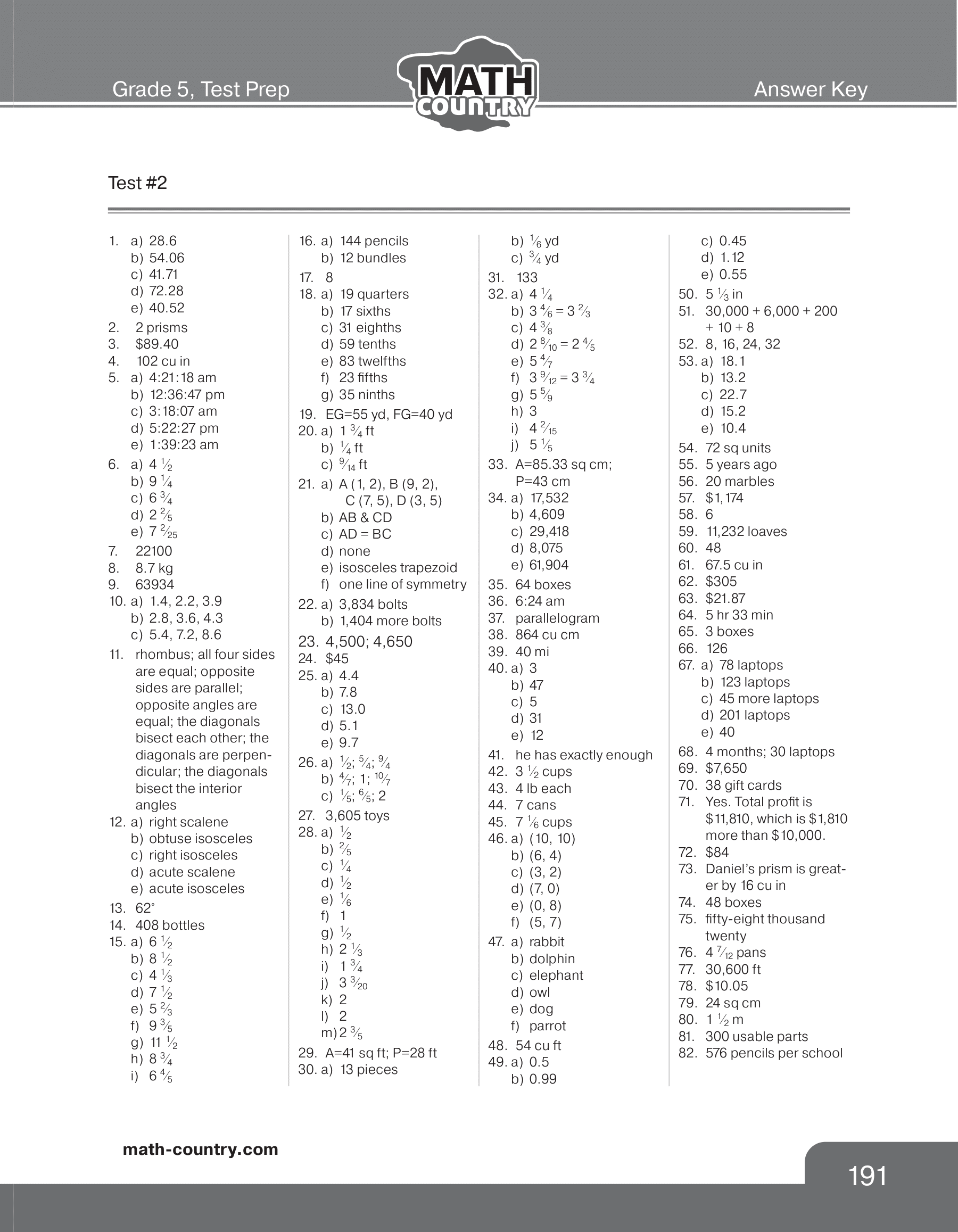 Answer-key page for Test 2 in the Grade 5 math workbook. Source page 191