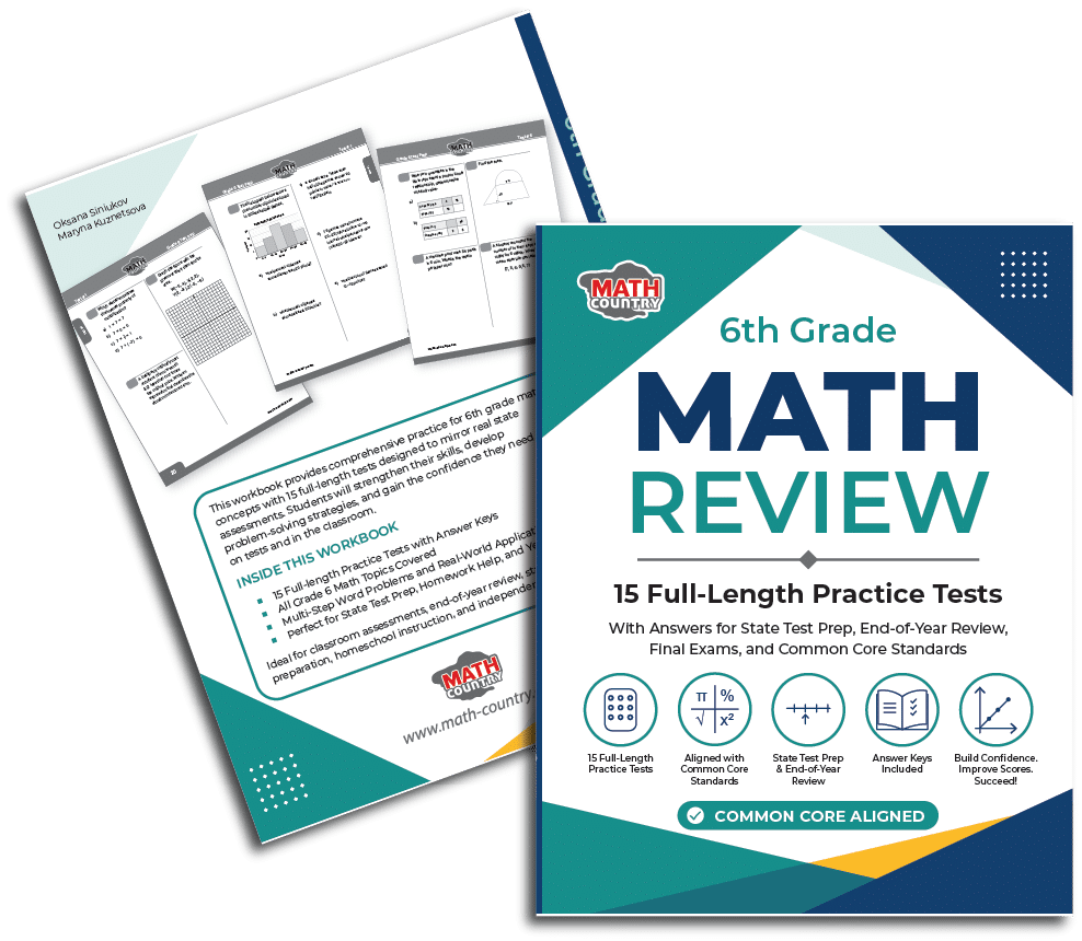 Grade 6 Math Review Workbook by Math Country featuring 15 full-length practice tests